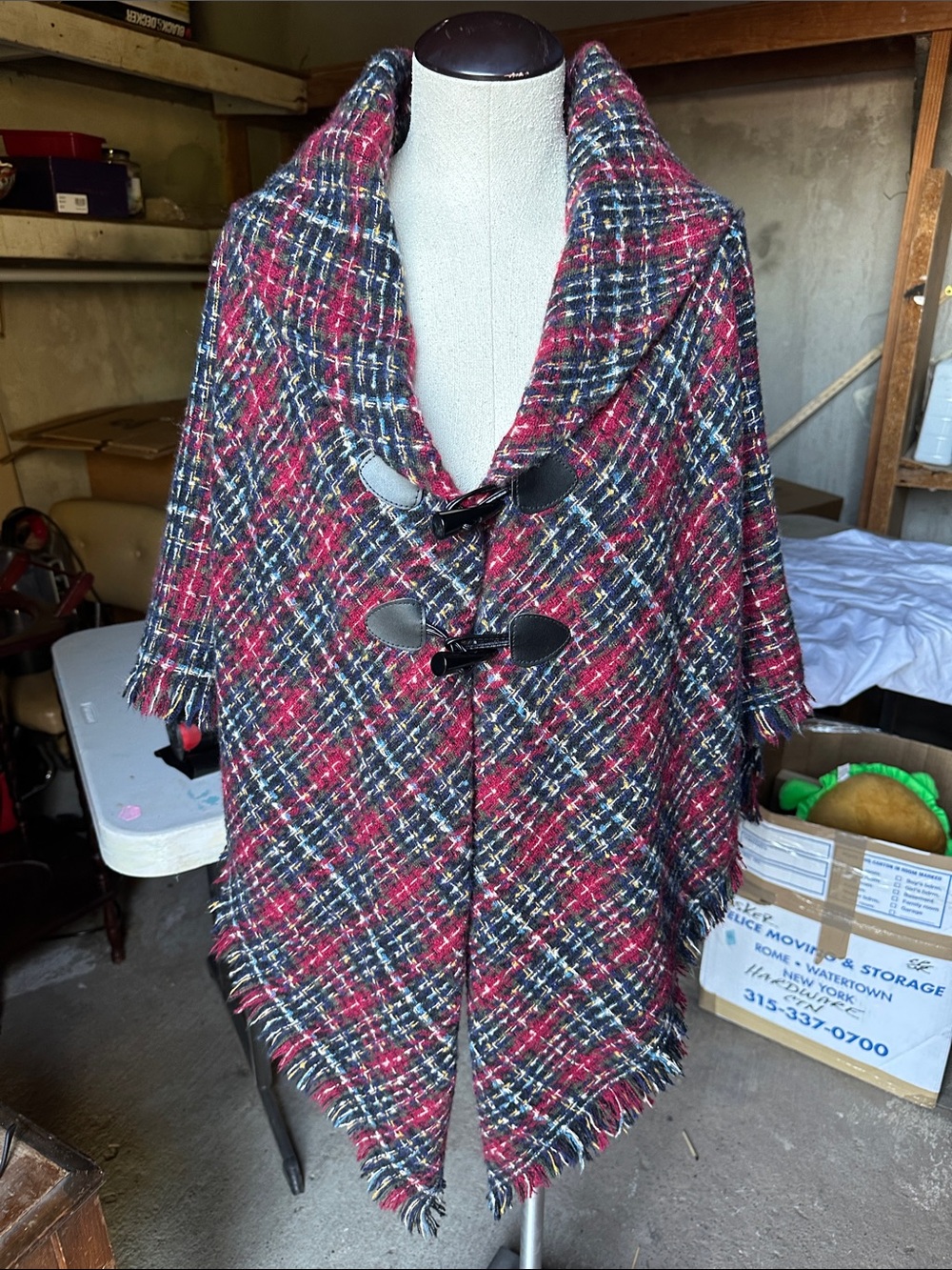 St. John's Bay Red Black Multi Tweed Toggle Poncho